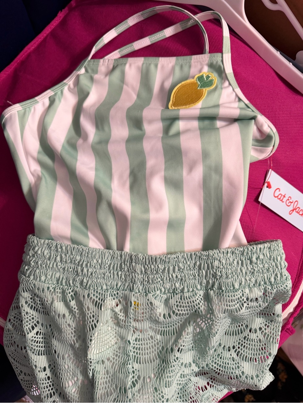 Cat & Jack Mint Green and White Striped Swimsuit with Lemon Accent with shorts - Picture 8 of 8